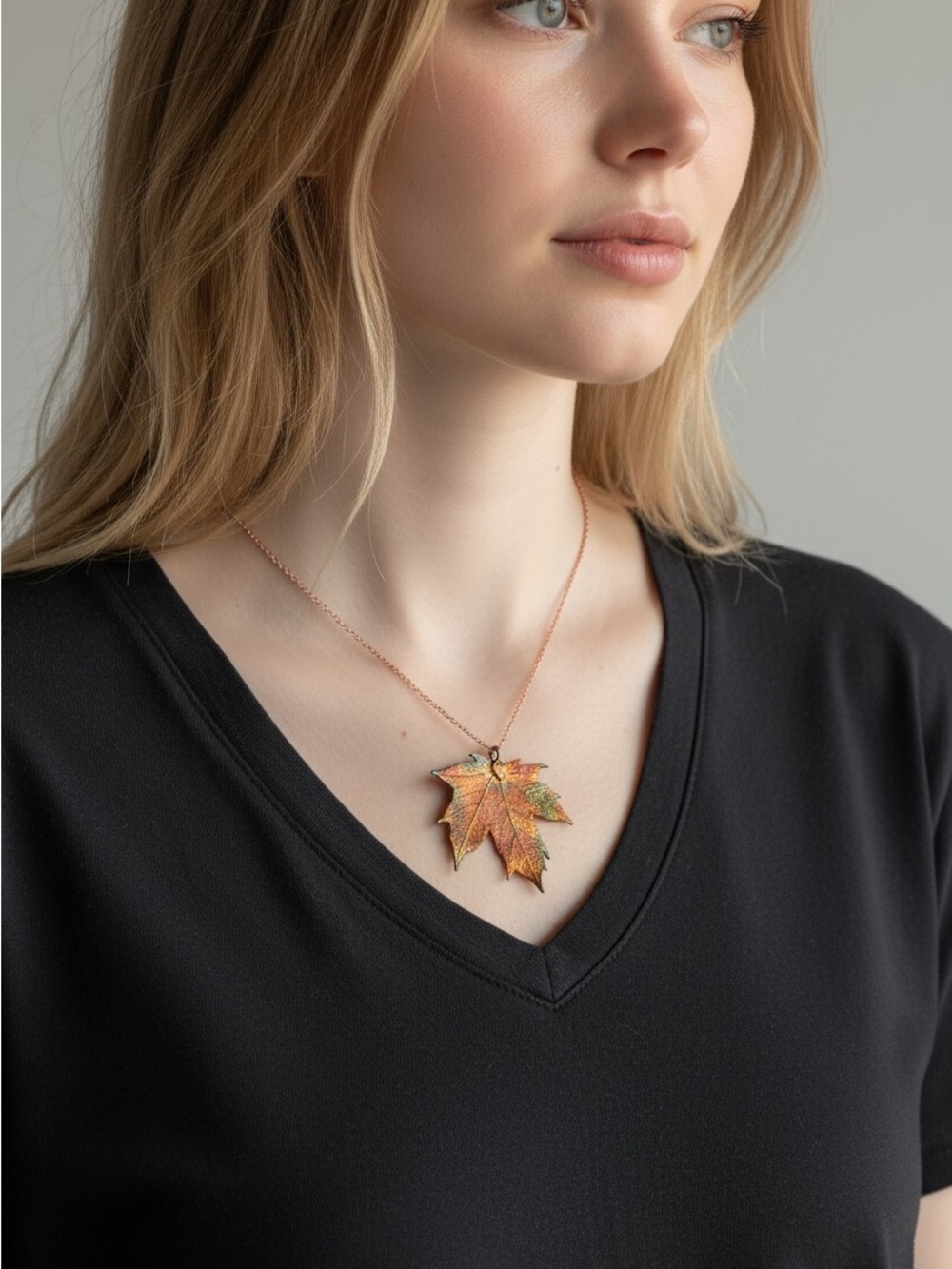 10/22 Handcrafted Autumn Leaf Pendant Necklace - Rose Gold Chain, Multicolor Lea